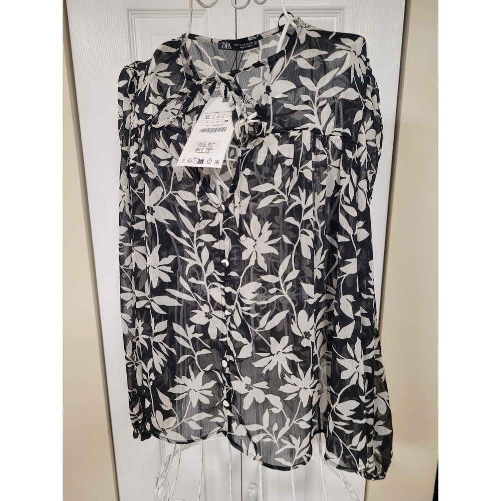 Zara Tropical Leaf Boho Tie Neck Blouse Black/White Semi-Sheer Buttons Size XL